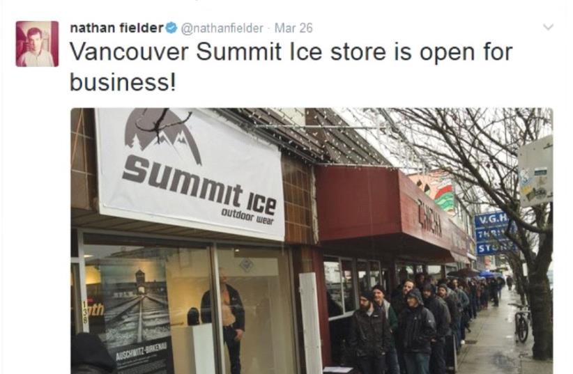 PEOPLE LINE UP to enter the new Summit Ice store in Vancouver, Washington, where they can trade in their old jackets and learn about the Holocaust at the same time (photo credit: TWITTER)