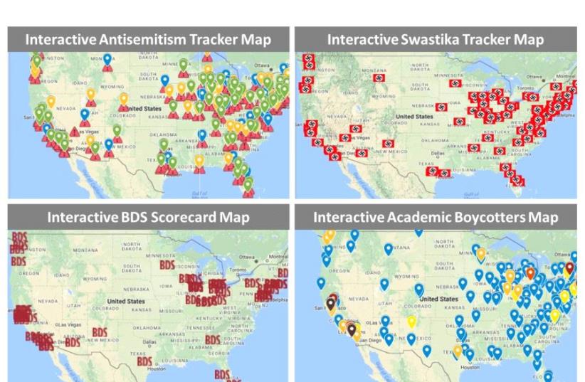 Interactive maps created by AMCHA Initiative that flag campus antisemitism (photo credit: Courtesy)