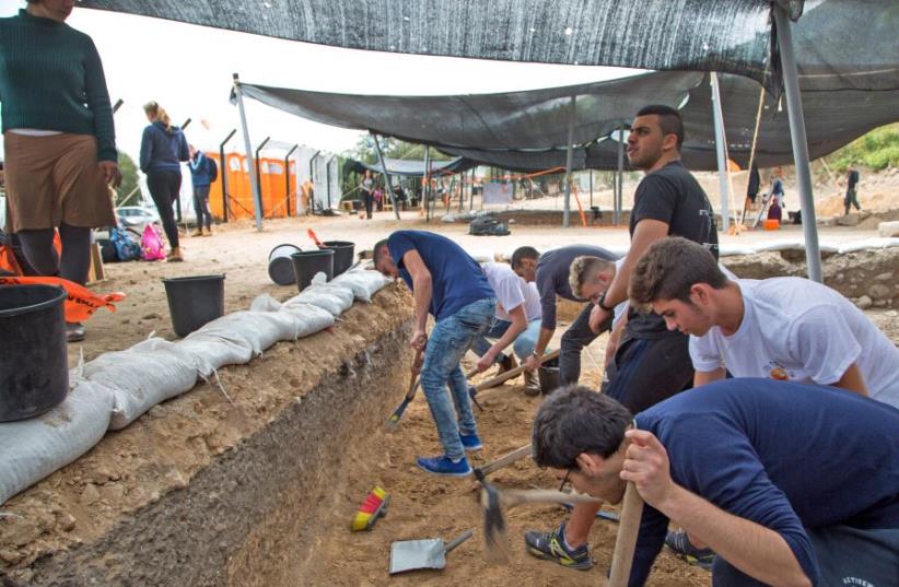 Students participating in archaeological excavations to prepare the Sanhedrin Trail (photo credit: SHMUEL MAGAL/ISRAEL ANTIQUITIES AUTHORITY)