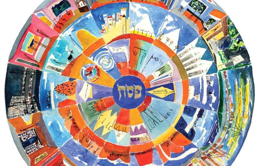 In his illuminated ‘Moriah Haggada,’ artist Avner Moriah compares the ‘simanim’ with the Exodus narrative in this vibrantly colorful roundel. (photo credit: PHOTO © AVNER MORIAH 2005)