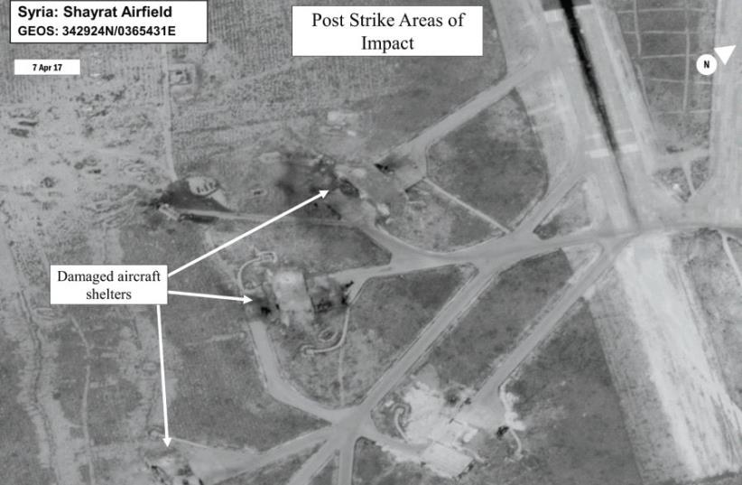 BATTLE DAMAGE assessment image of Shayrat Airfield, Syria, released by the Pentagon following US Tomahawk strikes. (photo credit: REUTERS)