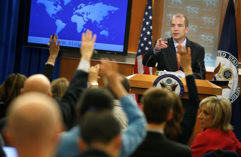 Mark Toner takes a question during a news briefing at the State Department in Washington, US, March 7, 2017. (photo credit: REUTERS)