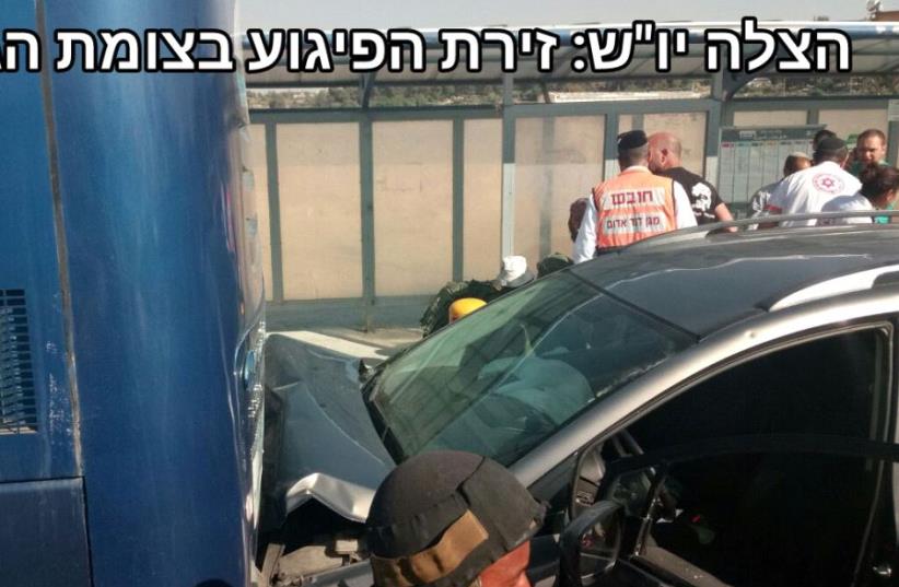 Scene of a car ramming terror attack at Gush Etzion Junction in the West Bank on April 19, 2017 (photo credit: COURTESY UNITED HATZALAH)