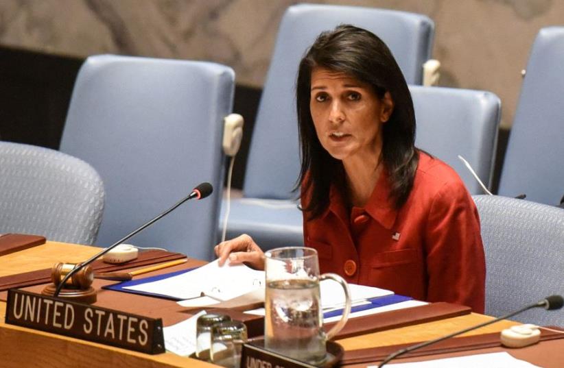 US Ambassador to the UN Nikki Haley delivers remarks at the Security Council meeting on the situation in Syria at the UN Headquarters, in New York, US, April 7, 2017 (photo credit: REUTERS)