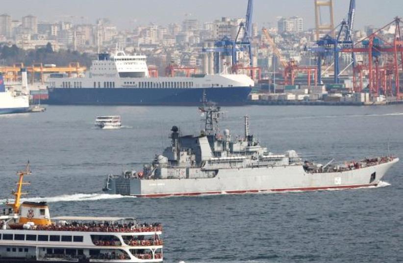 THE RUSSIAN Navy’s landing ship ‘Caesar Kunikov’ sails in the Bosphorus near Istanbul earlier this month on its way to the Mediterranean Sea. (photo credit: REUTERS)