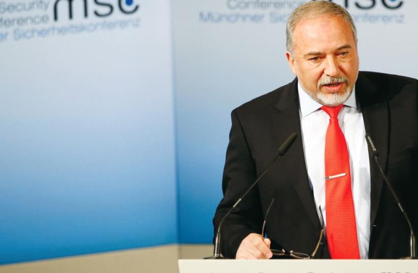 Defense Minister Avigdor Liberman speaks at the 53rd Munich Security Conference in Germany in February (photo credit: REUTERS)