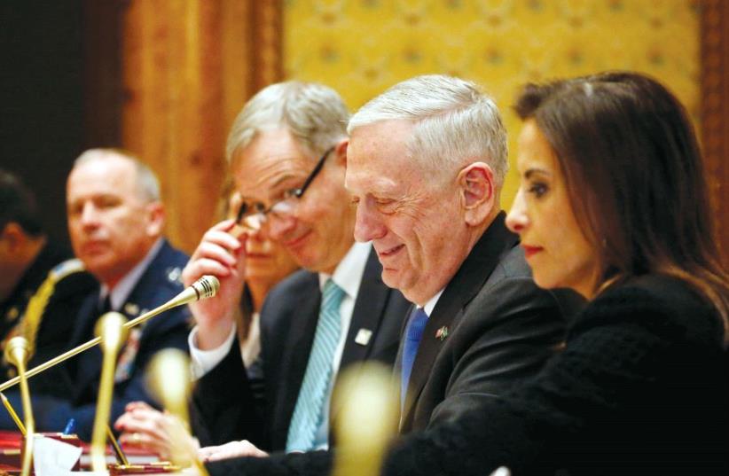 US Defense Secretary James Mattis (center), during his meeting with Saudi Arabia’s Deputy Crown Prince and Defense Minister Mohammed bin Salman (not pictured) in Saudi Arabia (photo credit: REUTERS)