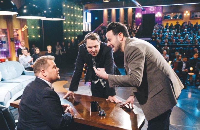 BEN WINSTON (right) on the set of ‘The Late Late Show with James Corden’ (left) and fellow producer Rob Crabbe. (photo credit: TERENCE PATRICK/CBS)