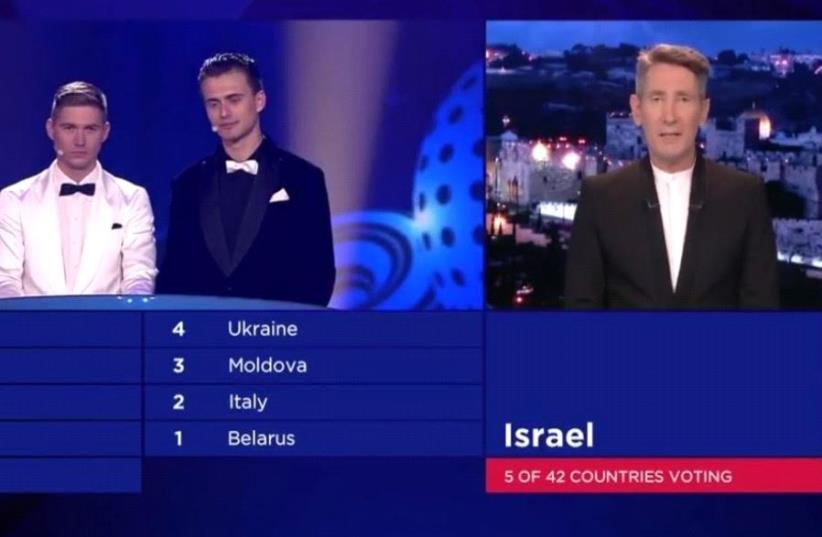 IBA'S OFER NACHSON appears on the Eurovision final Saturday night (photo credit: YOUTUBE SCREENSHOT)