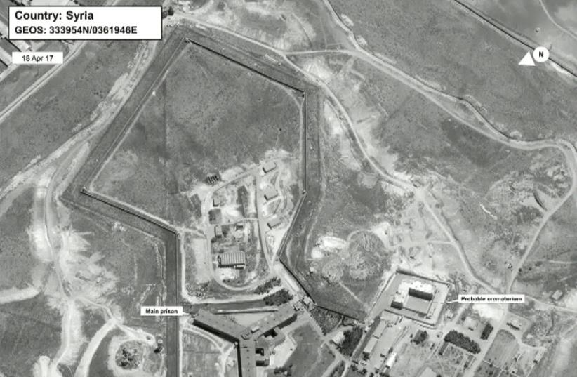 A satellite view of part of the Sednaya prison complex near Damascus, Syria is seen in a still image from a video briefing provided by the US State Department on May 15, 2017 (photo credit: REUTERS)