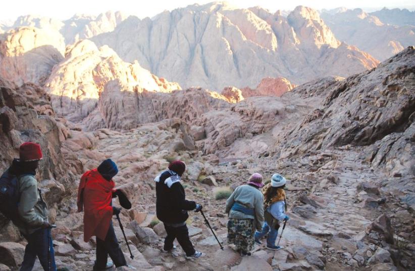 Tourists near ‘Mount Moses,’ in the Sinai Peninsula, 2015  (photo credit: REUTERS)