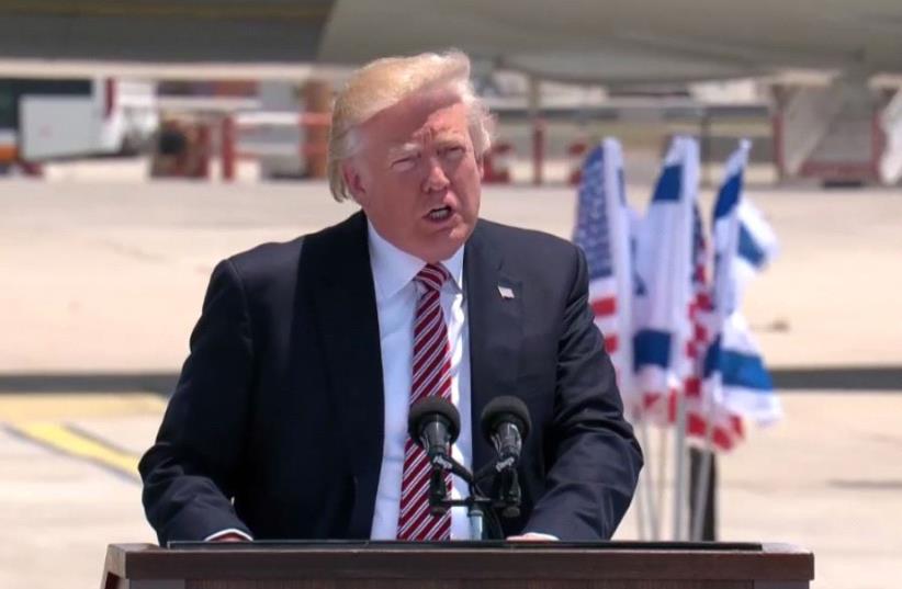 US President Donald Trump speaks at Ben Gurion Airport (photo credit: screenshot)