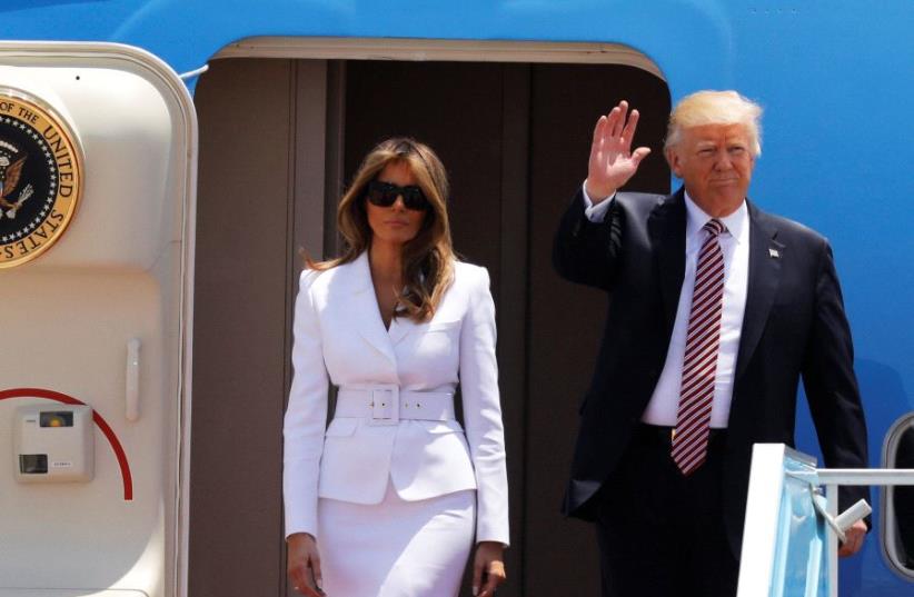 U.S. President Donald Trump and first lady Melania Trump arrive aboard Air Force One at Ben Gurion International Airport in Lod near Tel Aviv, Israel May 22, 2017 (photo credit: REUTERS)