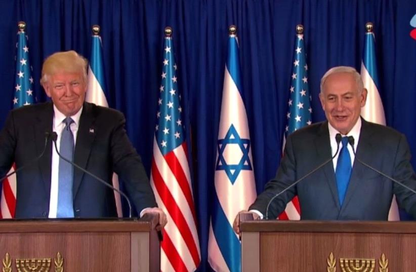Prime Minister Benjamin Netanyahu and US President Donald Trump deliver statements at the Prime Minister's Residence, May 22 2017. (photo credit: GPO)