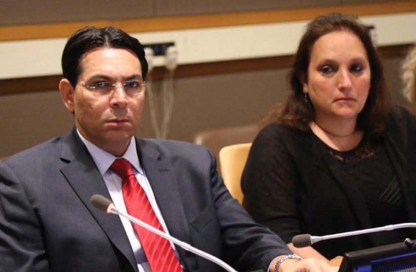 UN AMBASSADOR Danny Danon and Ruth Schwartz, whose son Ezra was killed by a Palestinian terrorist, are seen at the United Nations in New York, May 25 2017. (photo credit: Courtesy)