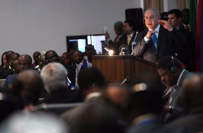 Prime Minister Benjamin Netanyahu speaking to African leaders in Liberia on June 4, 2017 (photo credit: KOBI GIDEON/GPO)
