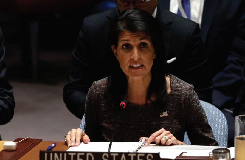 US AMBASSADOR to the United Nations Nikki Haley speaks following a vote at the Security Council (photo credit: REUTERS)