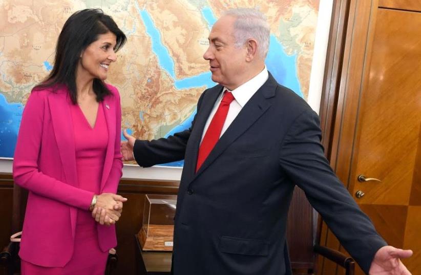 US Ambassador to the UN Nikki Haley meets Prime Minister Benjamin Netanyahu at his office in Jerusalem, June 7, 2017 (photo credit: MATTY STERN, US EMBASSY TEL AVIV)