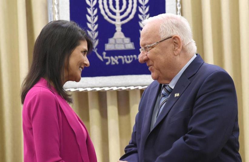 US Ambassador to the UN Nikki Haley meets with Israel's President Reuven Rivlin during her visit to Israel.  (photo credit: Mark Neiman/GPO)