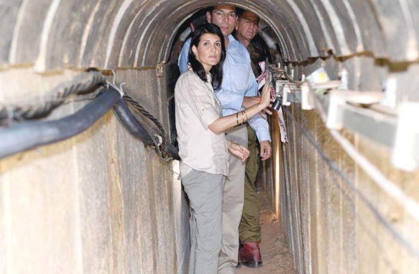 AMBASSADOR NIKKI HALEY inspects a Hamas attack tunnel into Israel that was uncovered by the IDF. (photo credit: MATTY STERN/US EMBASSY TEL AVIV)