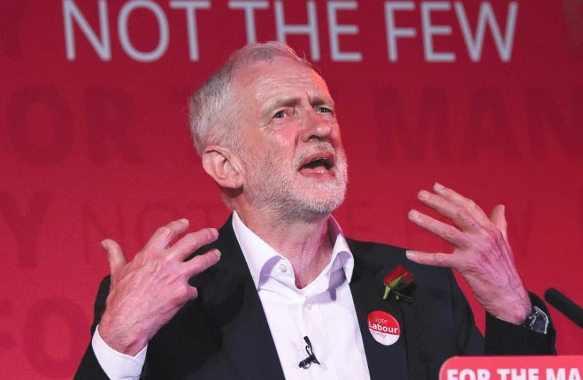 JEREMY CORBYN, leader of Britain’s opposition Labour Party, speaks at his closing election campaign rally in London on June 7. British Jews need to start seriously considering making aliya, according to the author (photo credit: REUTERS)