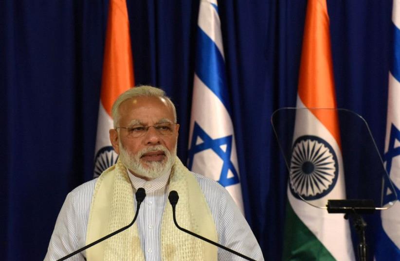 Indian Prime Minister Narendra Modi speaks during a joint statment with his Israeli counterpart Benjamin Netanyahu during their meeting in Jerusalem July 4, 2017 (photo credit: REUTERS)