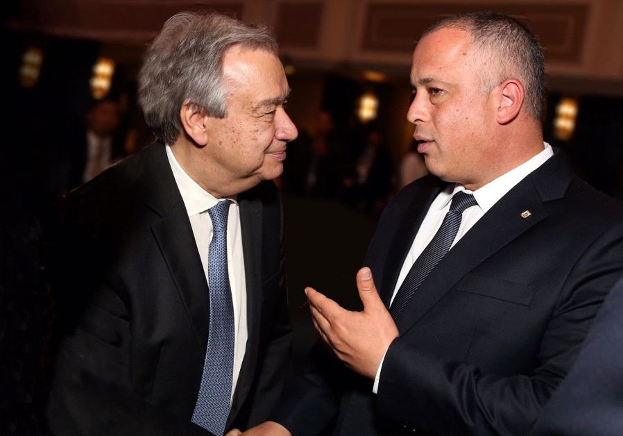 Israeli Labor party MK Hilik Bar (R) and UN Secretary-General António Guterres