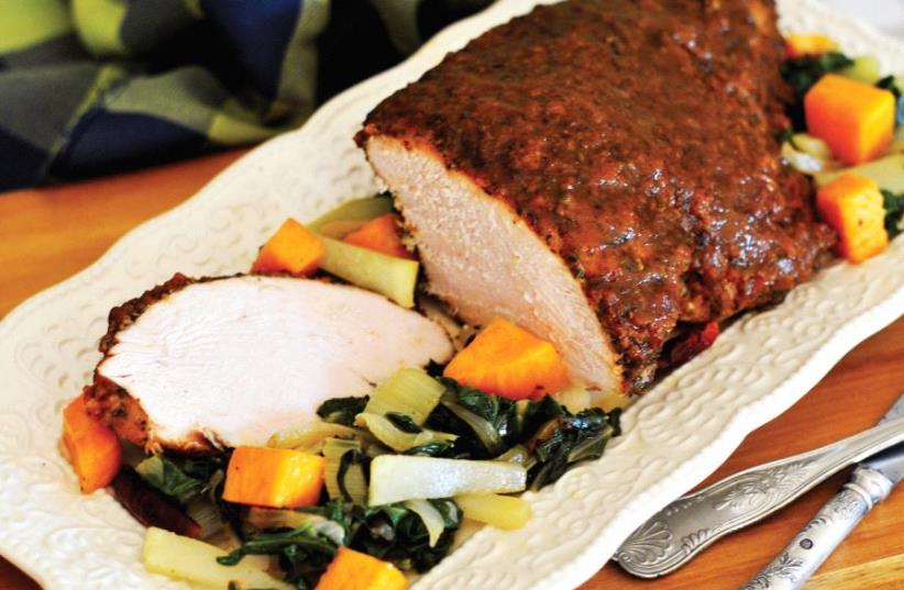 Spicy turkey on a bed of Swiss chard and pumpkin (photo credit: PASCALE PERETZ-RUBIN AND DROR KATZ)