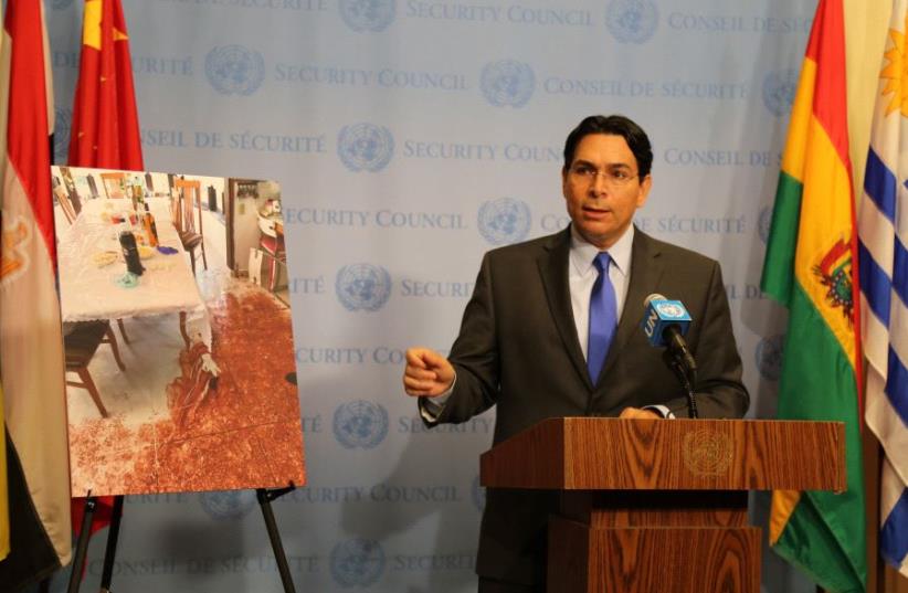 Israeli Ambassador to the United Nations Danny Danon addresses the press outside the UN Security Council, July 24, 2017. (photo credit: ISRAEL MISSION TO THE UN)