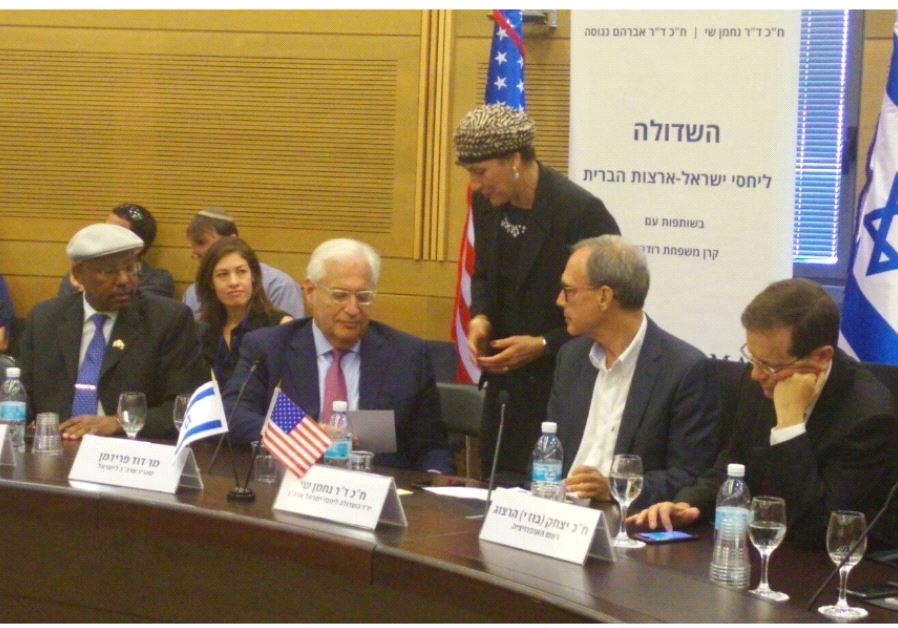 MK Shuli Muallem hands US Ambassador david Friedman an invitation to West Bank Ceremony