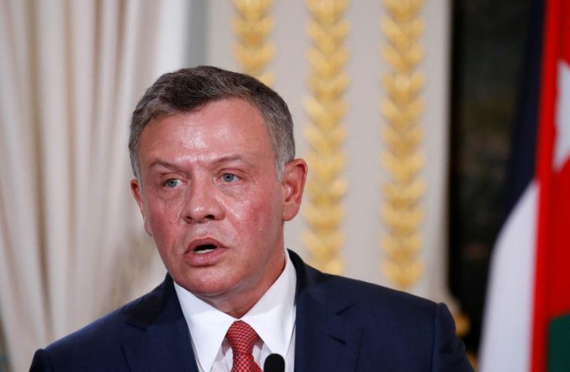 Jordan's King Abdullah attend a joint news conference following a meeting with the French president at the Elysee Palace in Paris, France, June 19, 2017.  (photo credit: REUTERS)