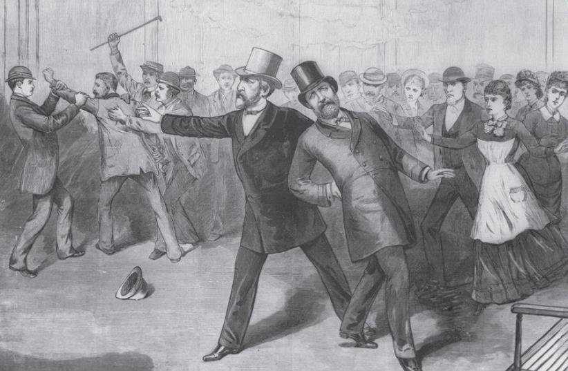 AN ENGRAVING of James A. Garfield’s assassination, published in 1881 in Frank Leslie’s Illustrated Newspaper. (photo credit: Wikimedia Commons)