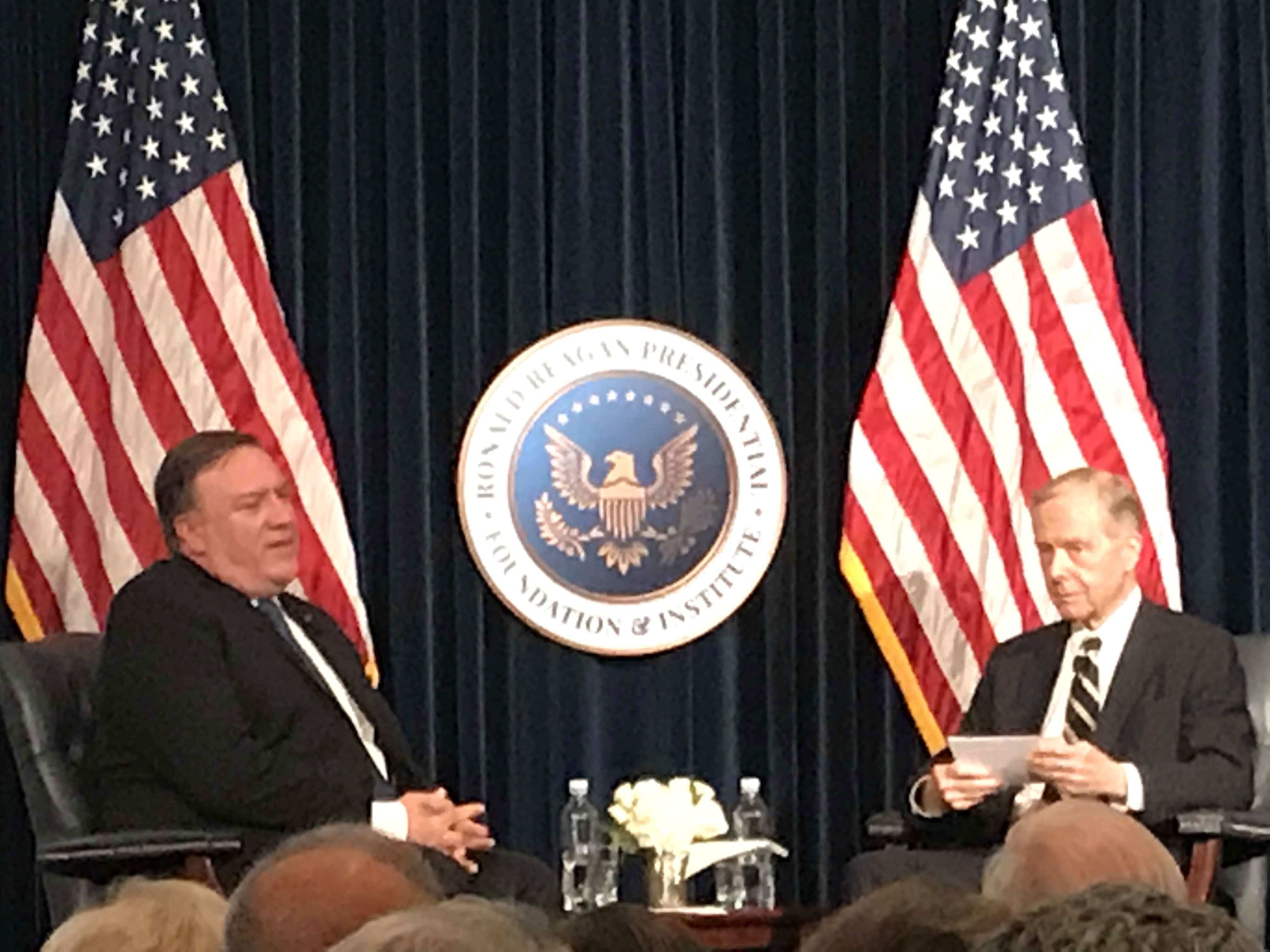 On Stage Q&A Secretary Mike Pompeo with former California Governor Pete Wilson (Photo credit: Nurit Geenger)