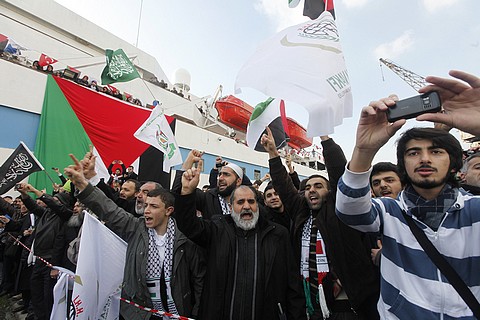 Hamas supporters chant anti-Israeli slogans in Istanbul, Monday