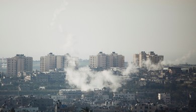 Smoke seen as rockets are fired from Gaza.