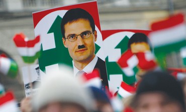Defaced placard of Jobbik Party leader Gyongyosi 