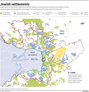 Map of Jerusalem and the West Bank showing the Israeli settlements in the area, including the E-1 zone where Israel plans to build thousands of settler homes.