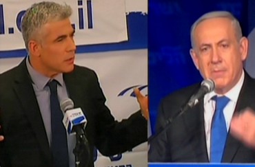 Yesh Atid leader and Prime Minister Binyamin Netanyahu compete for air time, January 23, 2013.