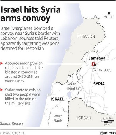 Map locating the Syrian town Jamraya which was reportedly hit by an Israeli air strike on 30 January 2013