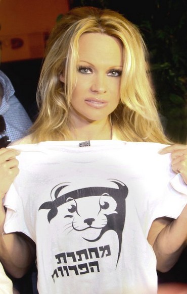 Pamela Anderson protesting with Israeli activists in March 2011.