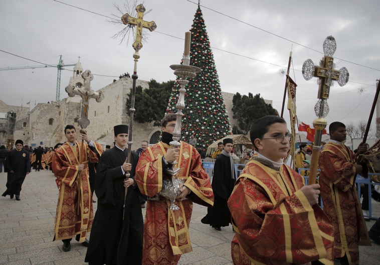Members of the Greek Orthodox clergy before the Eastern Orthodox Christmas in Bethlehem. (Reuters)