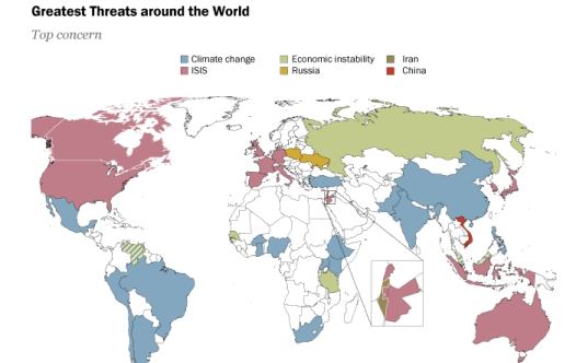 Color coded map displaying the greatest threats around the world