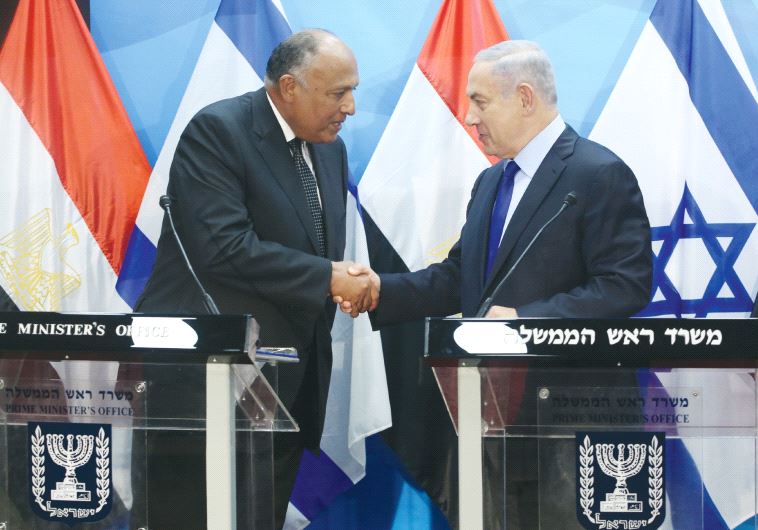 Prime Minister Benjamin Netanyahu welcomes Egyptian Foreign Minister Sameh Shoukry in Israel on July 10 (Marc Israel Sellem)