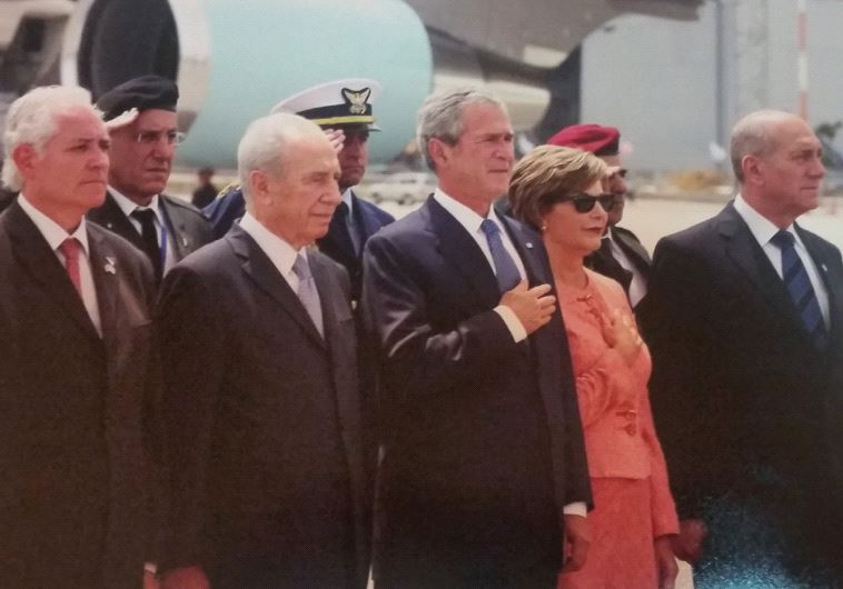 Shimon Peres and prime minister Ehud Olmert (right) with US president George W. Bush (photo credit: AVI DODI)
