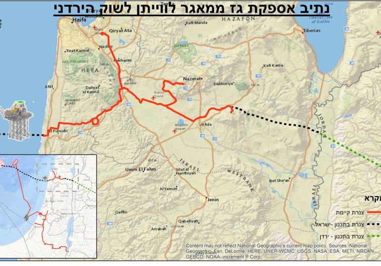 Map showing planned pipelines running from Israel's Levianthan natural gas rig into Jordan