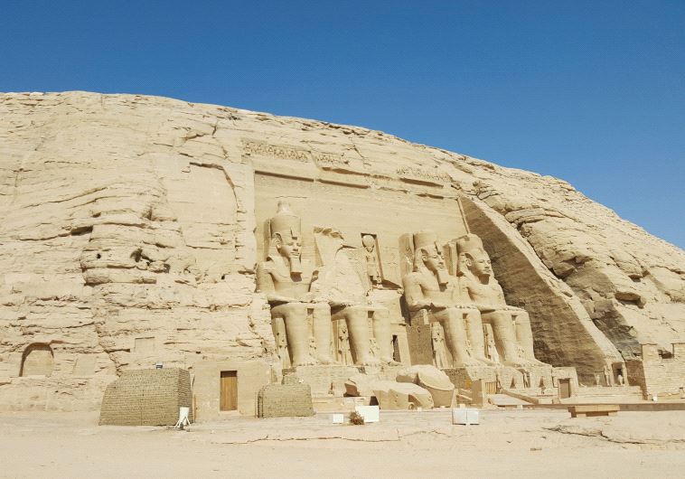 Four colossal statues of Ramses II guard his temple at Abu Simbel (photo credit: BEN FISHER)