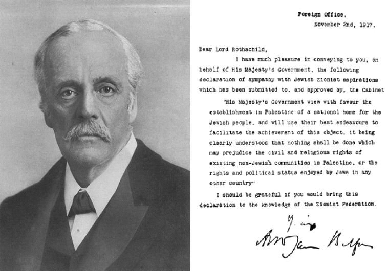 Lord Arthur James Balfour and the text of the Balfour Declaration (Wikimedia Commons)