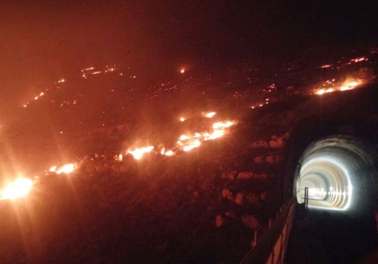 Fires near a railway tunnel under construction near Canada Park near Modi'in (ZION BITON/KKL)