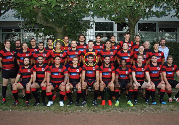 SC Frankfurt 1880 Rugby. Marked with circles are the two Israelis on the team: Uri Gail – center, and Mody Radashkovich – to his left (photo credit: SC FRANKFURT 1880 RUGBY’S WEBSITE)