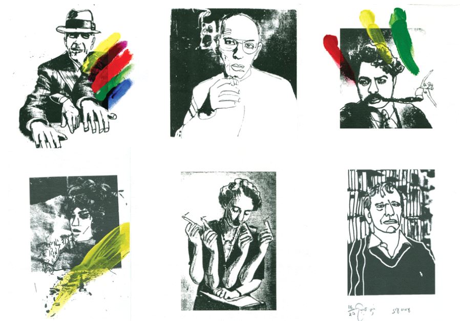 Six portraits out of ‘Two Times Chai’ (from left): Amos Oz, Leah Goldberg, Dalia Ravikovitch, Leonard Cohen, Sami Michael and Shaul Tchernichowsky (photo credit: BEIT AVI CHAI)